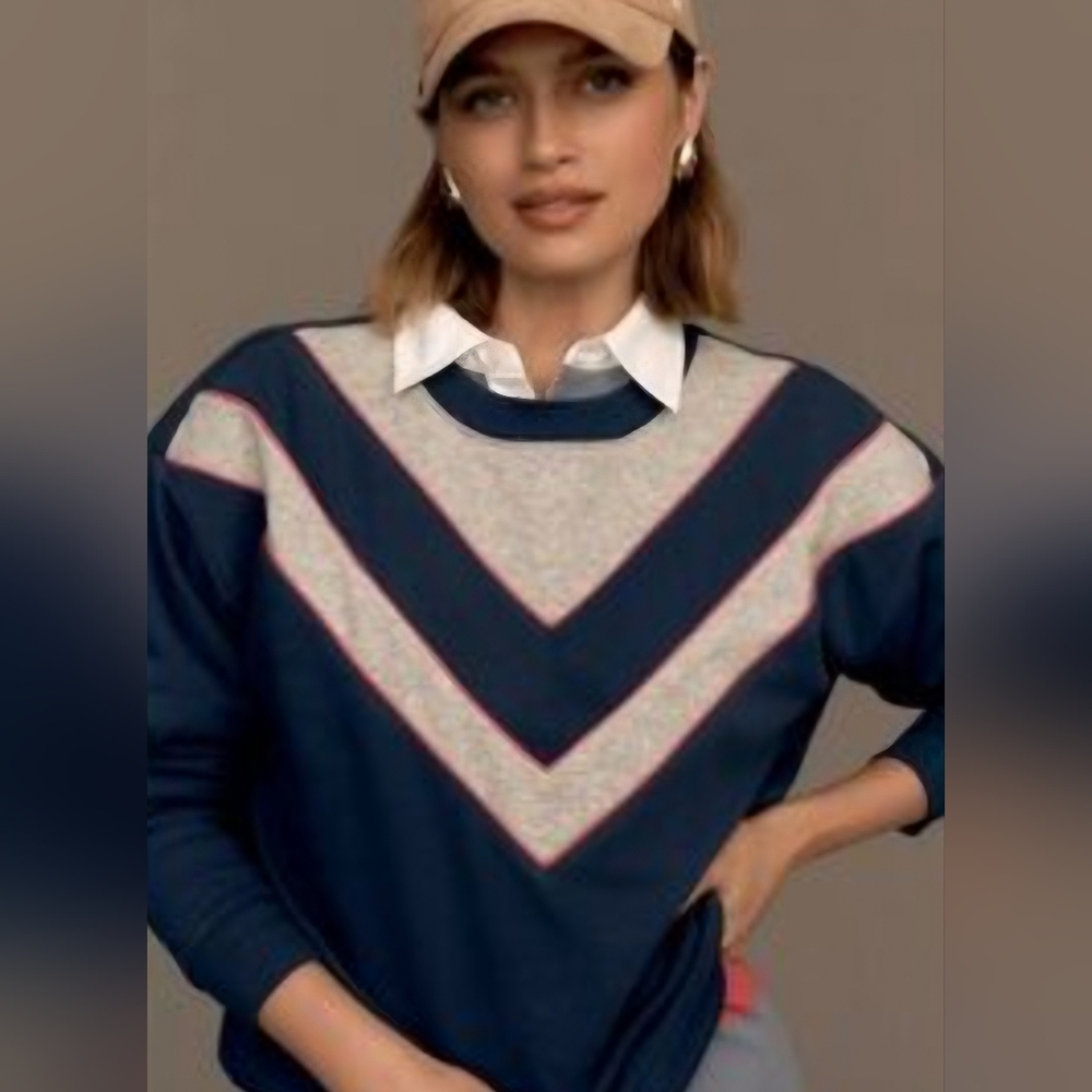 Maeve Anthro Cotton Preppy Old Money College Navy Gray Sweatshirt Sz XXS
